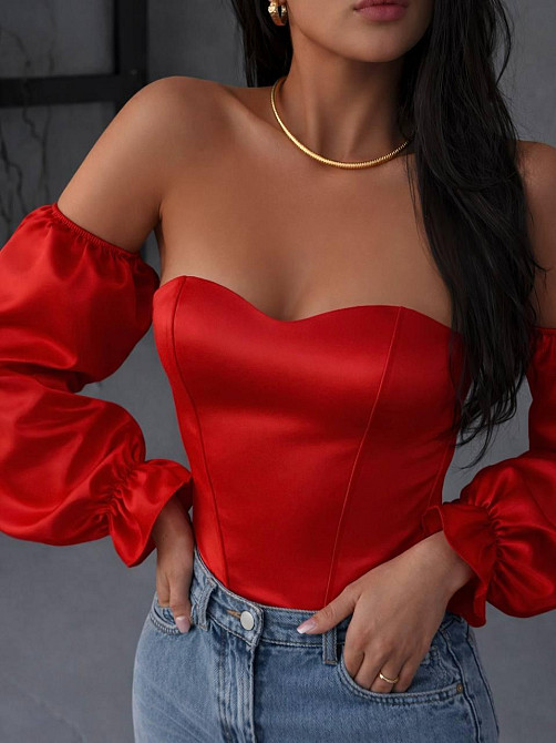 Жіночий романтичний укорочений корсет з рукавами атлас Scarlet Червоний, S/M Одеса - фото 1