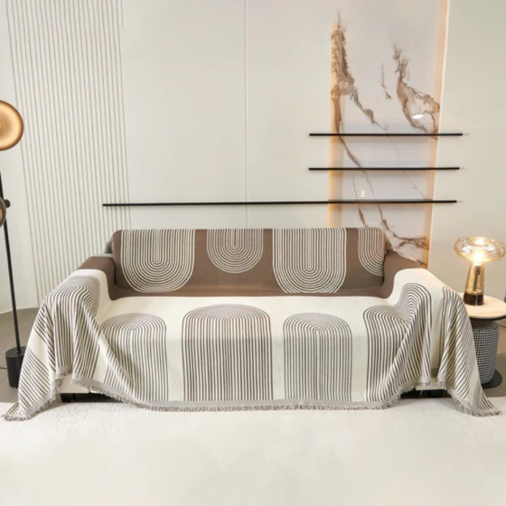 Плед покрывало для дивана и кровати,чехол накидка для мягкой мебели 180х230 см,бело-коричневым с узором Каменец-Подольский