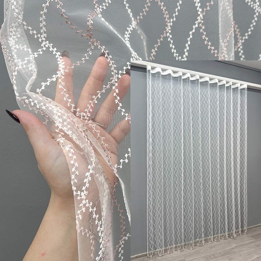 Тюль VR-Textil 1840т Фатин с вышивкой и люрексом Молочный с пудровым 300х270 см (40-195) Киев - изображение 1