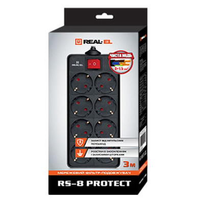 Сетевой фильтр питания REAL-EL REAL-EL RS-8 PROTECT, 3m, black (EL122300022) Винница - изображение 2