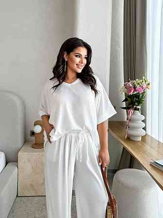 Жіночий легкий костюм оверсайз: футболка та штани жаті шовк Молочний, Oversize Одеса