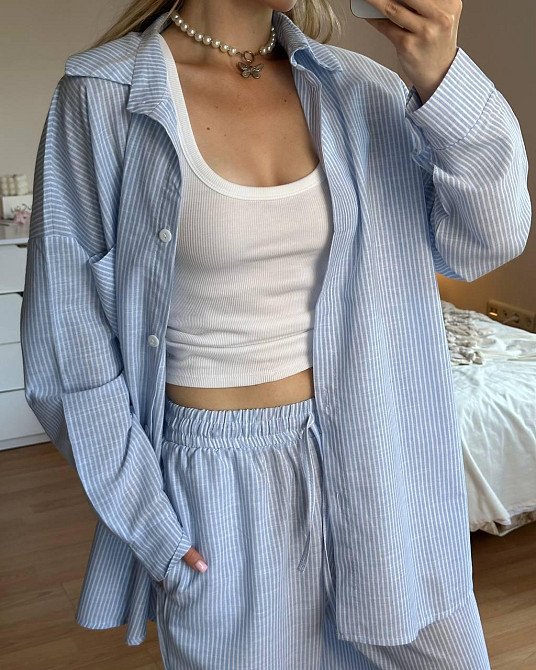 Женский стильный повседневный костм двойка лен- коттон полоска Голубой, 46/48 Одесса - изображение 1