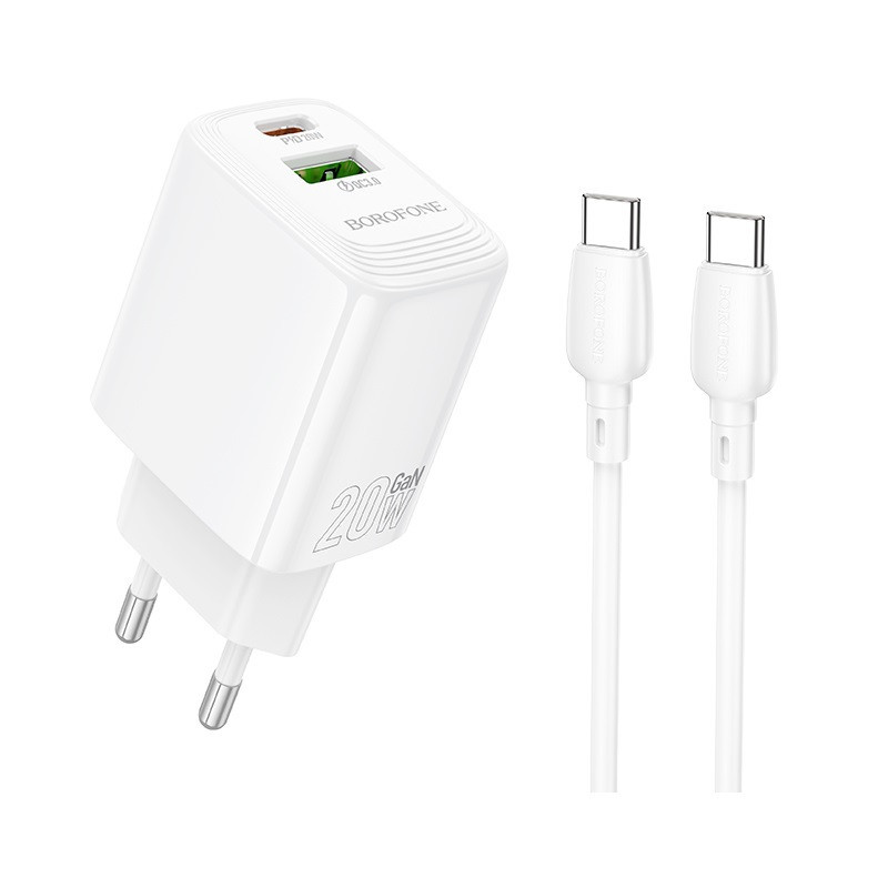 Сетевое зарядное устройство с кабелем BOROFONE BN27 Fuente PD20W+QC3.0 charger set (C to C) (EU) White Одесса - изображение 1