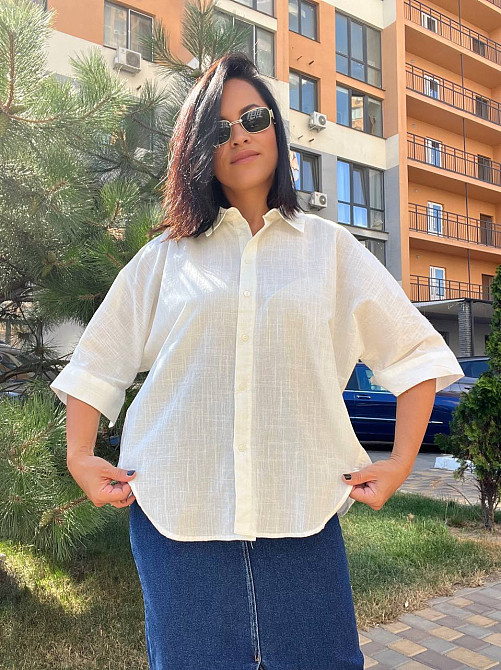Сорочка жіноча Mix Ray 4016 оверсайз вільного крою лляна молочна, молочний, S Київ - фото 1