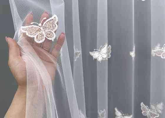 Тюль VR-Textil 1738т Фатин «Бабочки» с вышивкой и люрексом Пудровый с белым 300х270 см (42-0782) Киев