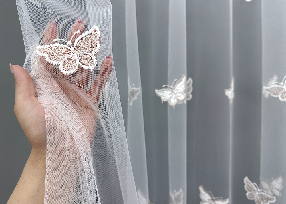 Тюль VR-Textil 1738т Фатин «Бабочки» с вышивкой и люрексом Пудровый с белым 300х270 см (42-0782) Киев - изображение 5