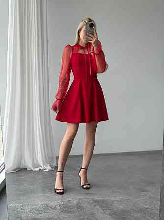 Женское нежное платье с рукавами из сеточки креп дайвинг Красный, 46/48 Одесса