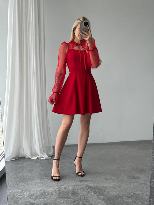 Женское нежное платье с рукавами из сеточки креп дайвинг Красный, 46/48 Одесса - изображение 4