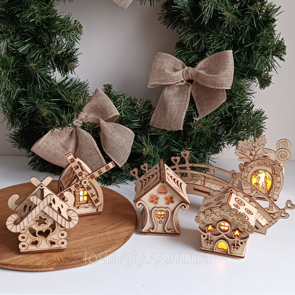 Новогодний деревянный городок с LED подсветкой – набор домиков для дома, подарок и праздничный декор. Ирпень - изображение 2