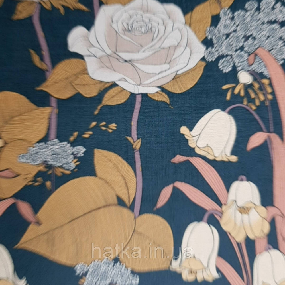 Шпалери вінілові Lutece Melody 51197011 квіти листя жовті білі бежеві на темно-синьому тлі Київ - фото 4