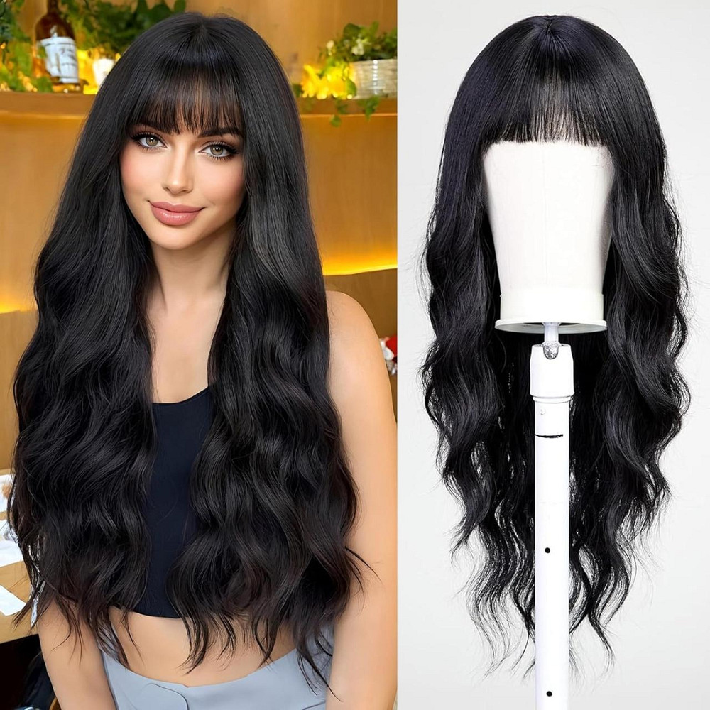 Довга чорна хвиляста жіноча перука з чубчиком UEVIES, 60 см, термостійка, синтетичне волосся 24" брюнетка Київ - фото 1