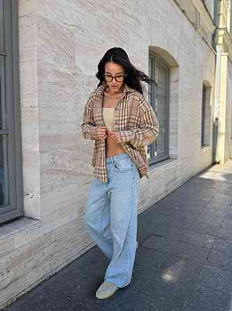 Женская теплая рубашка свободного кроя в клетку турецкая байка Бежевый, 42/44 Одесса