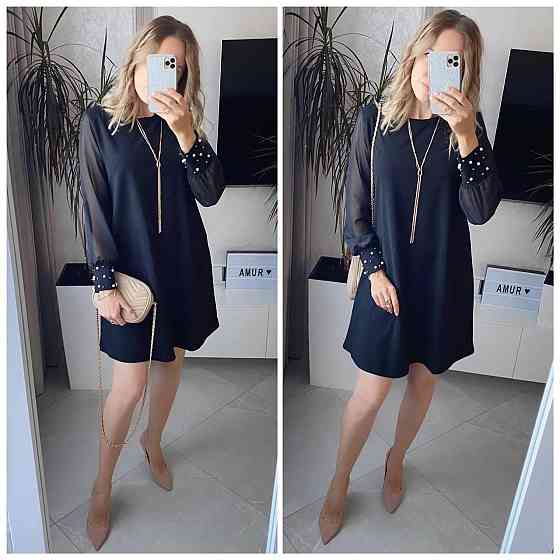 Жіноча святкова сукня прикрашена намистинками турецький креп-дайвінг + шифонові рукави Чорний, 42/46 Одеса