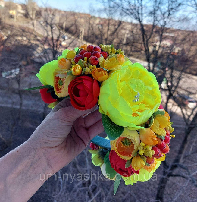 Жовто-червоний віночок Обідок обруч з квітами Піони великий Кривий Ріг - фото 1