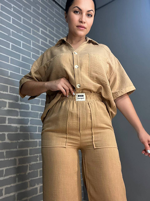 Костюм жіночий Mix Ray 4157 сорочка оверсайз брюки з розрізами побоках рівні від стегна бежевий, бежевий, L Київ - фото 2