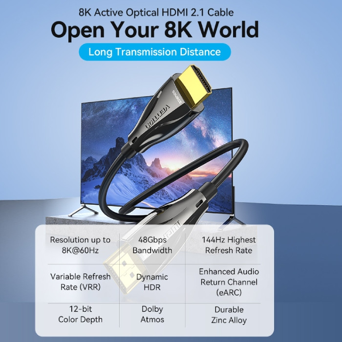 Кабель HDMI M - M, 60.0 м, V2.1, Optical 8K 60Гц 48Gbps Dolby 7.1 TPE Black Zinc Alloy Type Vention Винница - изображение 5