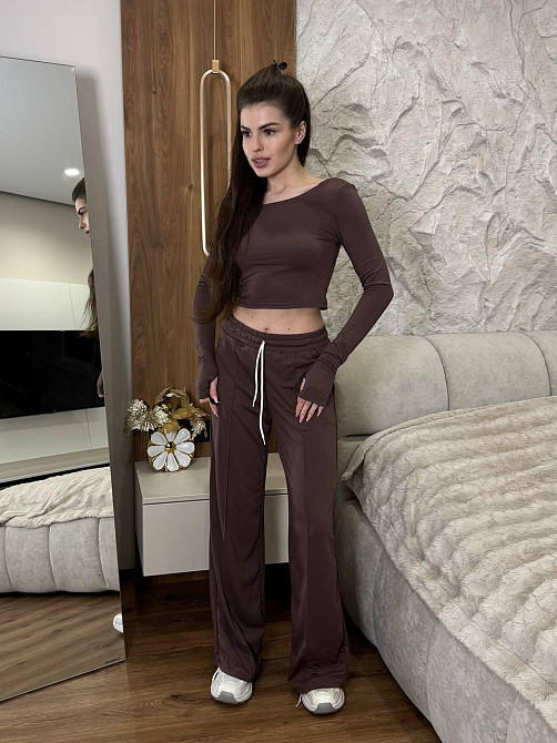 Жіночий прогулянковий костюм-двійка: топ із довгим рукавом і штани турецька двонитка Шоколадний, 46/48 Одеса - фото 3