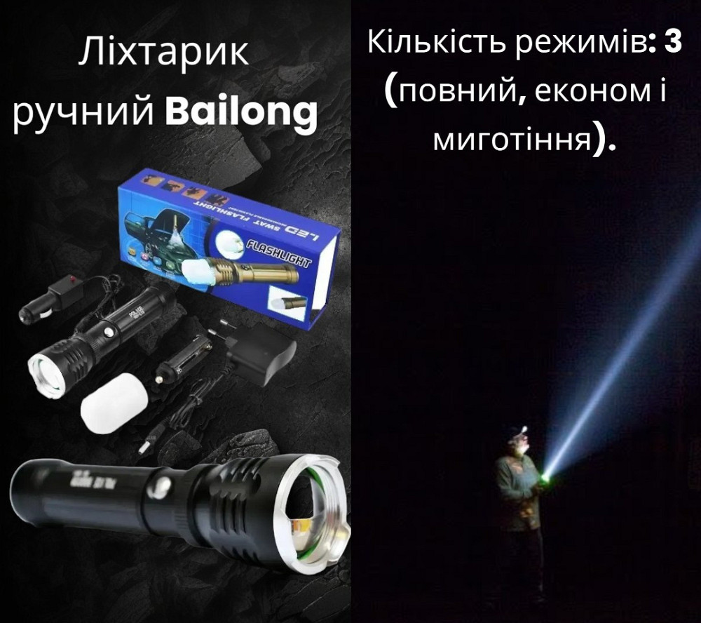 Ліхтарик ручний Bailong BL-TS60/BL-901LTS 50000ВТ, 3 режими, робота від акумулятора або батарейок, ZOOM Одеса - фото 1