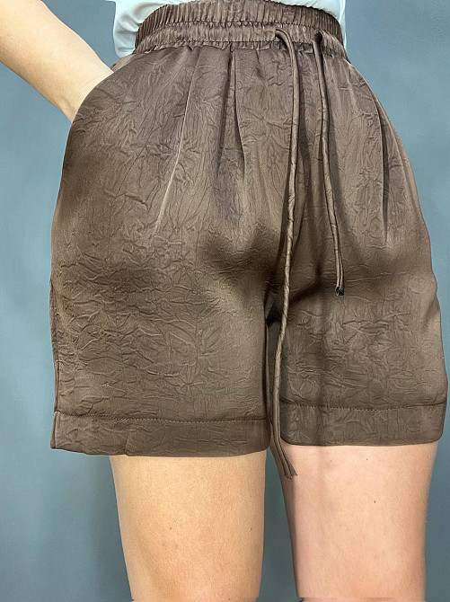 Шорти жіночі A-N 25175 вільний крій шовкові жатка талія на резинці шнурок короткі коричневі, коричневий, M Київ - фото 15