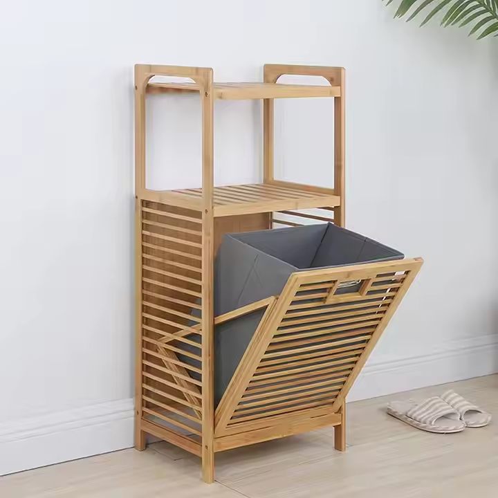 Бамбуковий стелаж з відкидною кришкою, 2 висувні кошики для білизни + відкрита полиця, 95x40x30см Кам'янець-Подільський - фото 7