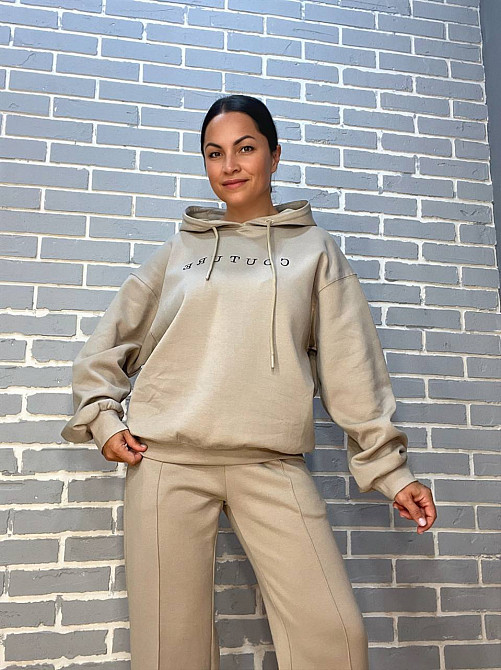 Костюм женский A-N 2742 худые с капюшоном брюки вышивка на резинке со швом - стрелкой бежевый, бежевый, L Киев - изображение 2