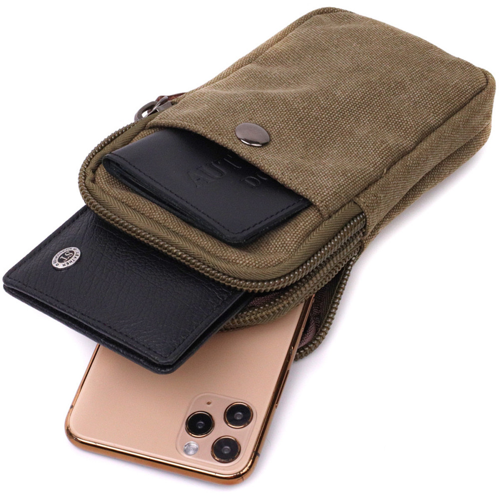 Компактная сумка-чехол на пояс с металлическим карабином из текстиля Vintage 22224 Оливковый Киев - изображение 4