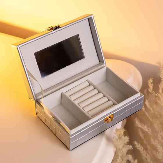 Скринька для прикрас з еко шкіри 3 відділення з дзеркалом 16×10×6 см Сірий HP-5-18G Київ