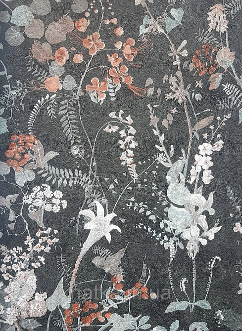 Обои виниловые на флизелине AS creation TheBos 0.53х10 растения листья цветы ягоды бирюза коричневые на черном Киев - изображение 1