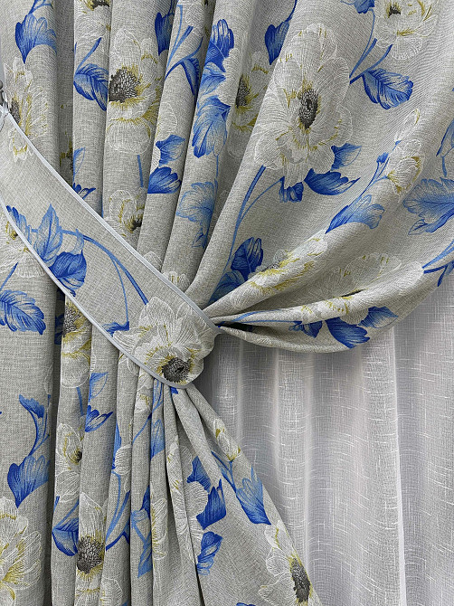 Комплект штор VR-Textil Лен Прованс 150х270 2шт и Тюль 500х270 2078ш-115т Светло-серый с синим и белым 71-213/4 Киев - изображение 4