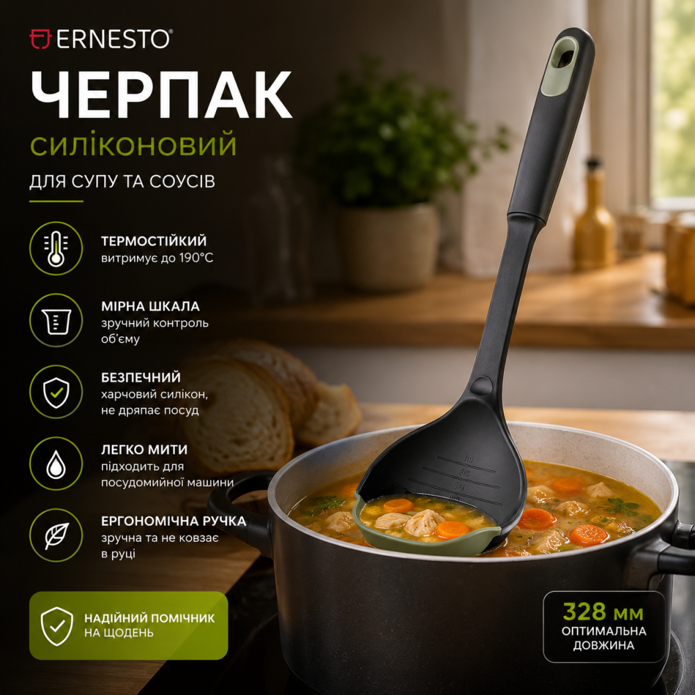 Черпак Ernesto силиконовый кухонный для супа соуса 328 мм термостойкий до 190°C мерная шкала Киев - изображение 2