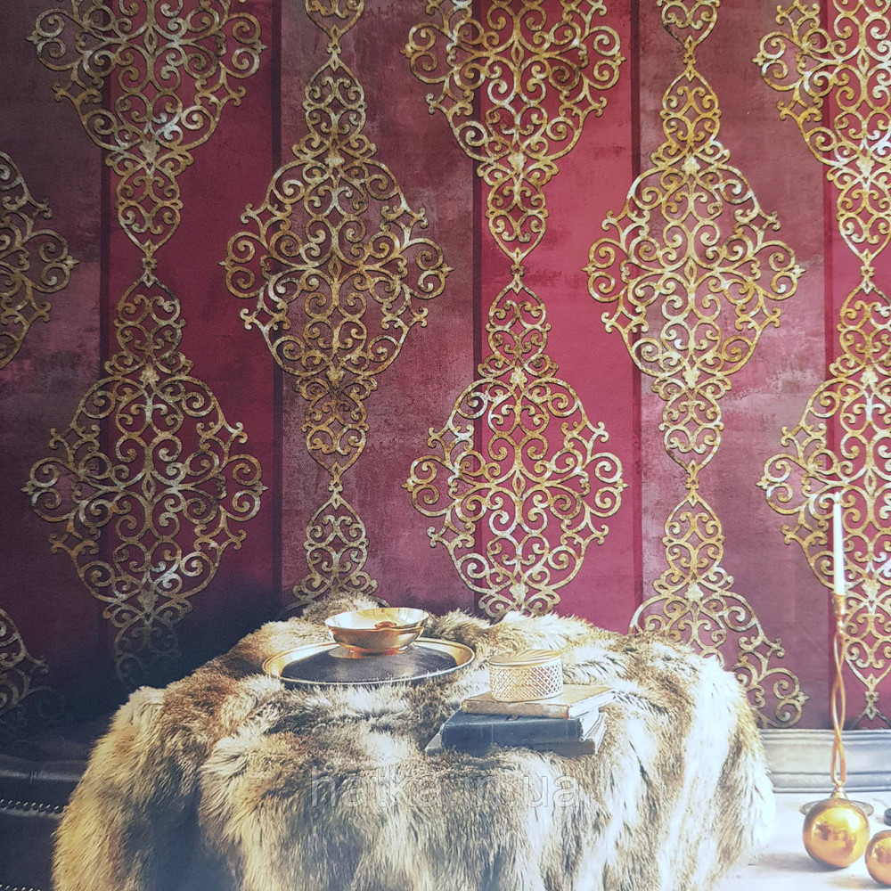 Шпалери метрові вінілові на флізелін 24 Carati Cristiana Masi вензель великий структурний золотом на бордовому Київ - фото 1