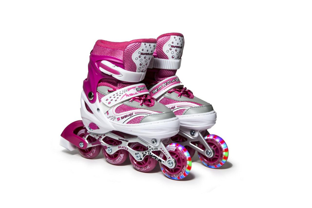 Комплект роликов (с переставными колесами) с защитой и шлемом Happy. Малиновый цвет. Размер 34-38 Одесса - изображение 2