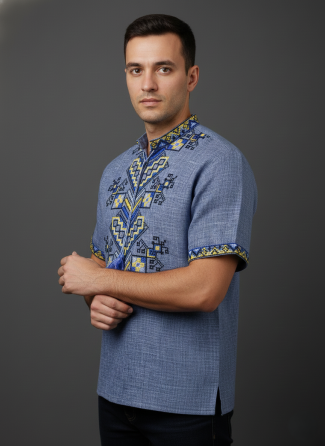 Мужская синяя вышиванка на короткий рукав в джинсовом цвете «Дерево жизни» Киев