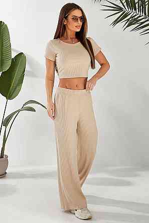 Костюм женский однотонный в рубчике, прямого кроя, тянется, на резинке, Бежевый, XL Лубны
