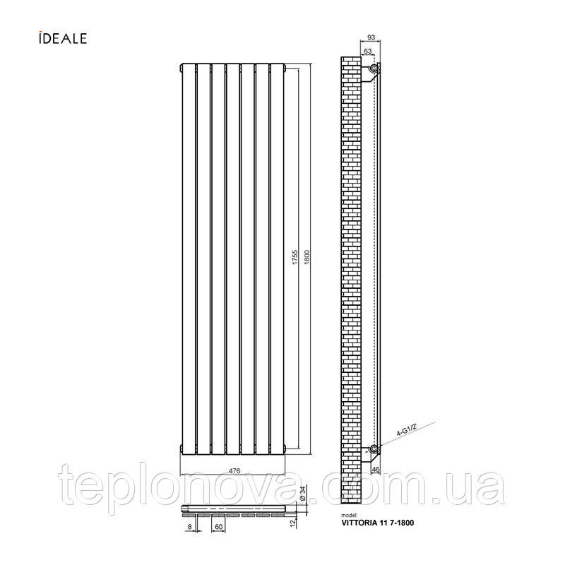 Дизайнерский радиатор 1800/476 (мм) белый мат IDEALE VITTORIA (универсальное подключение) 11 7/1800/476 Черновцы - изображение 4