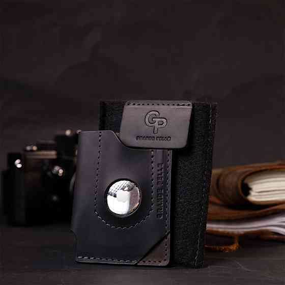 Цікавий картхолдер з утримувачем для Apple AirTag з натуральної шкіри Чорний (GRANDE PELLE) Київ