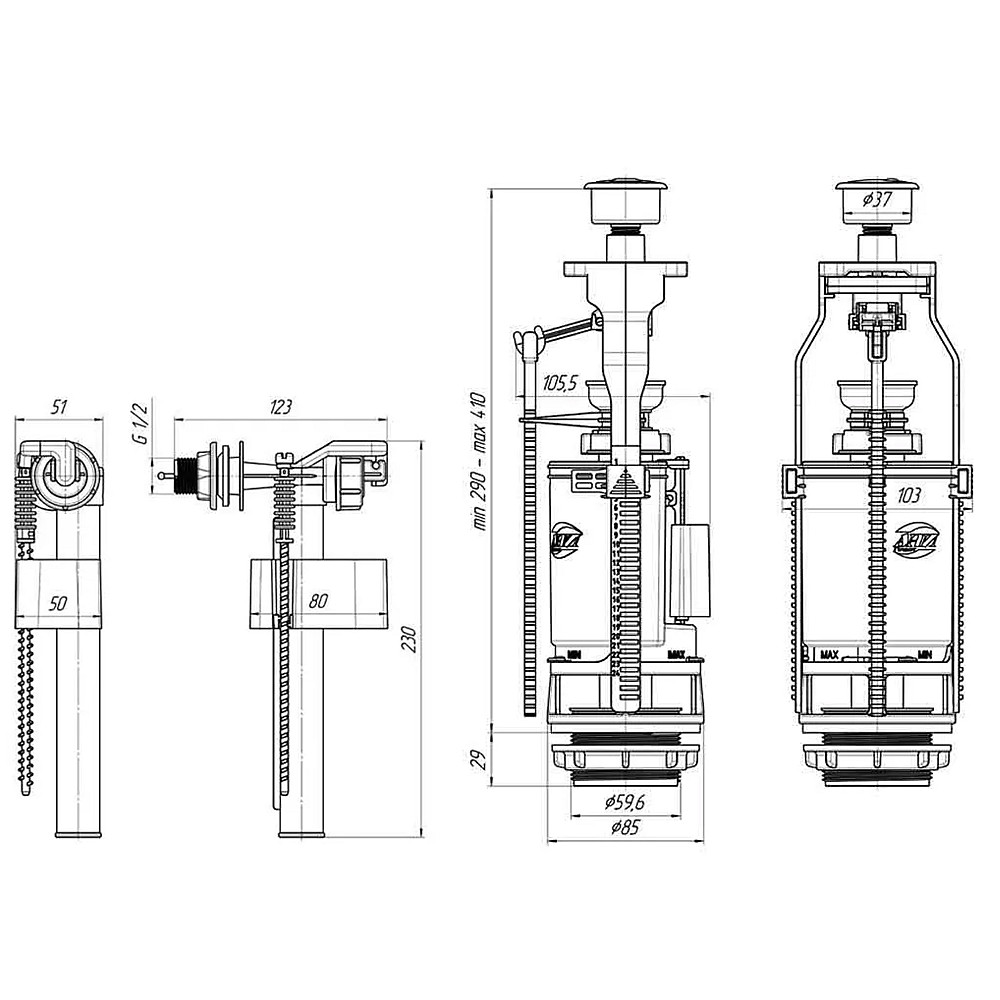 Набір для бачка унітазу OPTIMUM  бок підв пласт 1/2″  з подвійним режимом зливу і хром кнопкою OPTI 1110 Тернопіль - фото 7