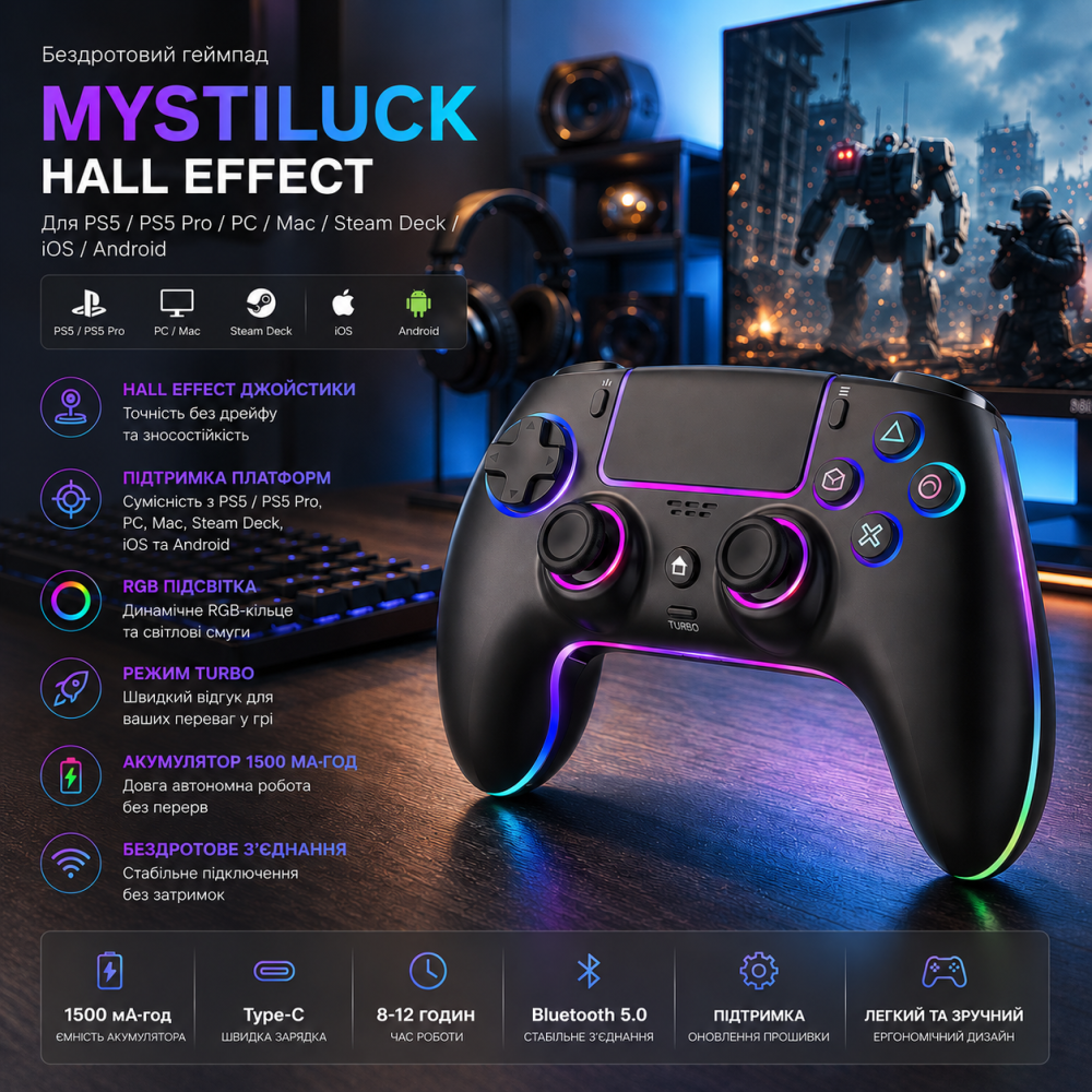 Бездротовий геймпад MYSTILUCK Hall Effect для PS5/PS5 Pro/PC/Mac/Steam Deck/iOS/Android | RGB, Turbo, 1500 мА·год Київ - фото 11