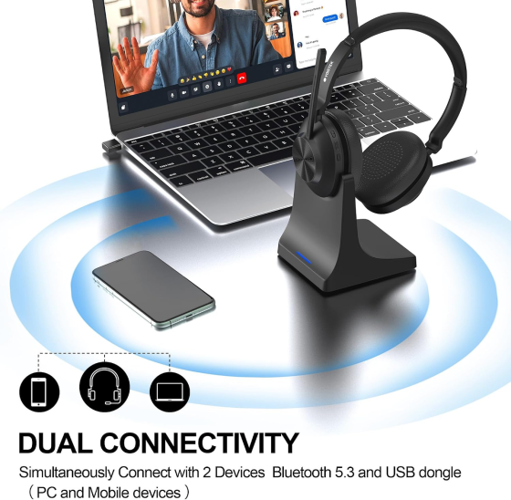 Бездротова гарнітура Voistek VS886 Bluetooth, 2 вуха, шумопоглинання мікрофона, 50+ годин роботи, Multipoint, для телефону та ПК Київ