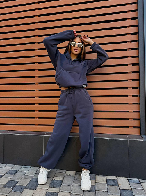 Женский стильный теплый повседневный костюм двойка на флисе Графит, 46/48 Одесса - изображение 1