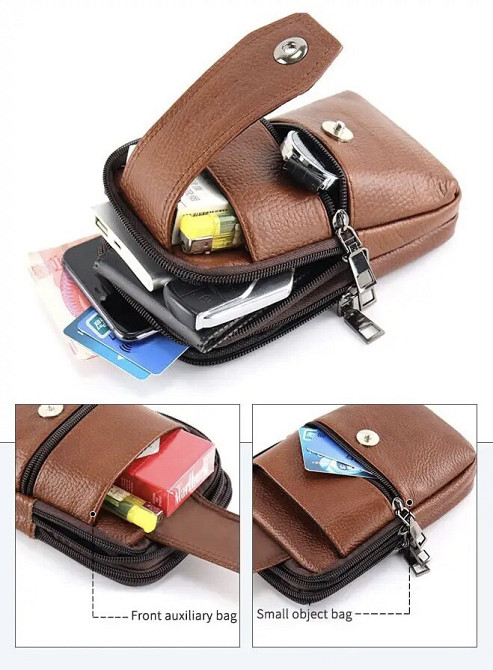 Сумка поясная темно-коричневая, размер 16,5*10*4см, 3 кармана, мужская сумка, женская сумка Киев - изображение 4