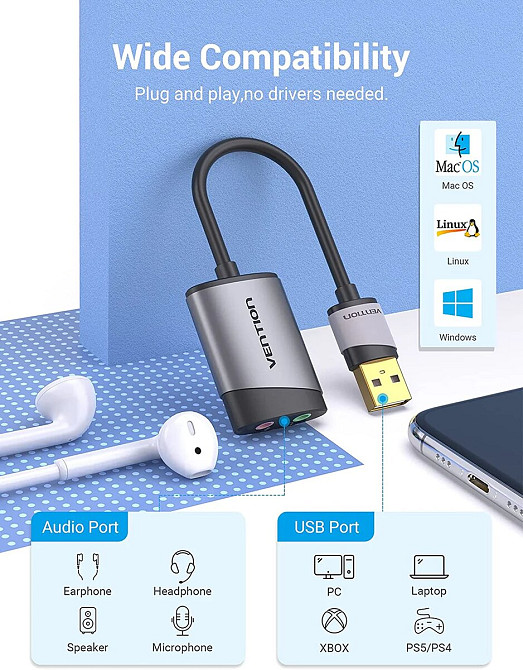 Адаптер Vention USB External Sound Card 0.15M Gray Metal Type (CDKHB) Киев - изображение 3