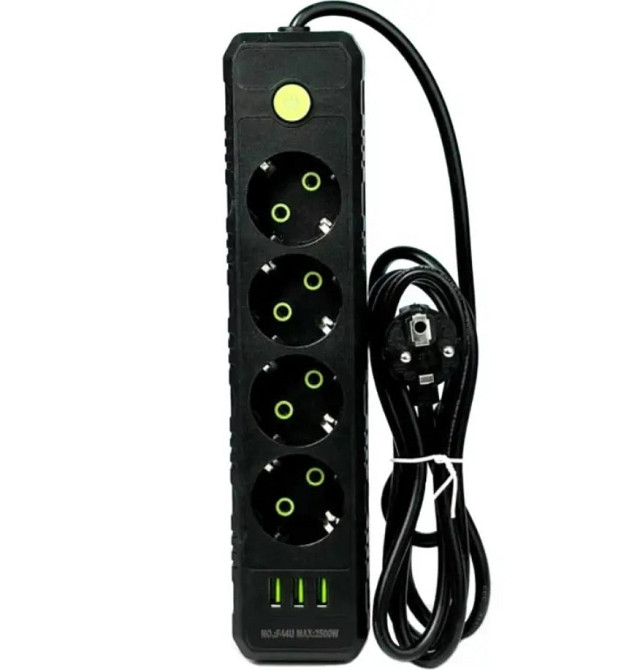 Подовжувач UA Power F44U на 4 розетки, 3USB, 6 м, чорний Вінниця - фото 1