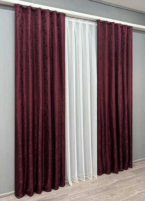 Комплект готовых штор VR-Textil Жаккард Мрамор Al1 № 1302ш Бордовый 150х290 см 2 шт (33-0153) Киев - изображение 4
