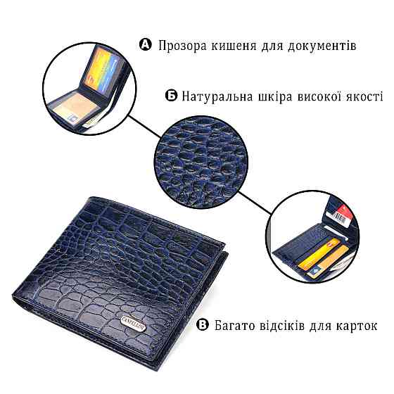 Стильний гаманець для чоловіків у два складення з натуральної шкіри з тисненням під крокодила CANPELLINI 21580 Синій Київ