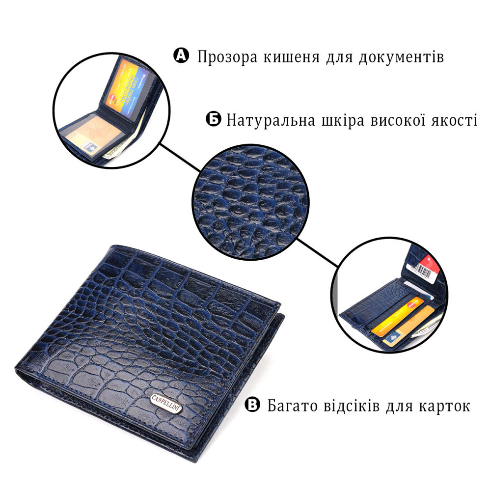 Стильний гаманець для чоловіків у два складення з натуральної шкіри з тисненням під крокодила CANPELLINI 21580 Синій Київ - фото 4