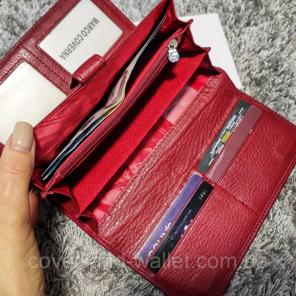 Бордовый женский кожаный кошелек на магнитах с кредитницей Marco Coverna Киев - изображение 7