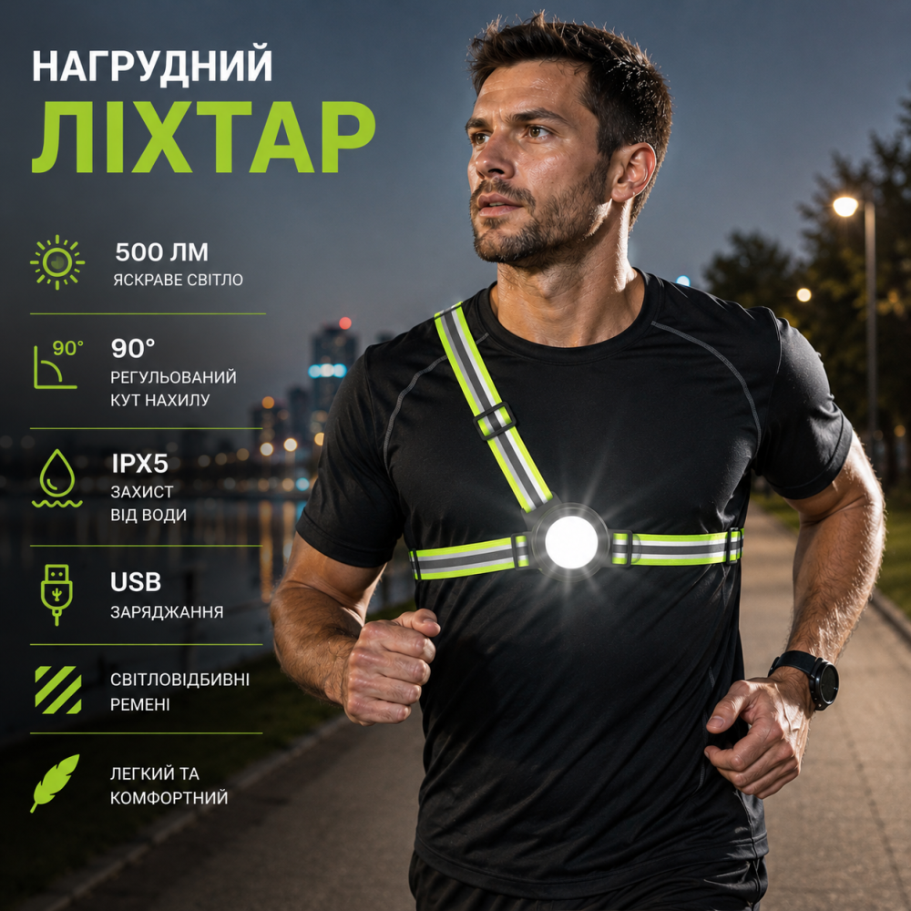 Нагрудный фонарь West Biking для бега 500 лм, USB, угол 90°, IPX5, светоотражающие ремни, задний красный фонарь Киев - изображение 1