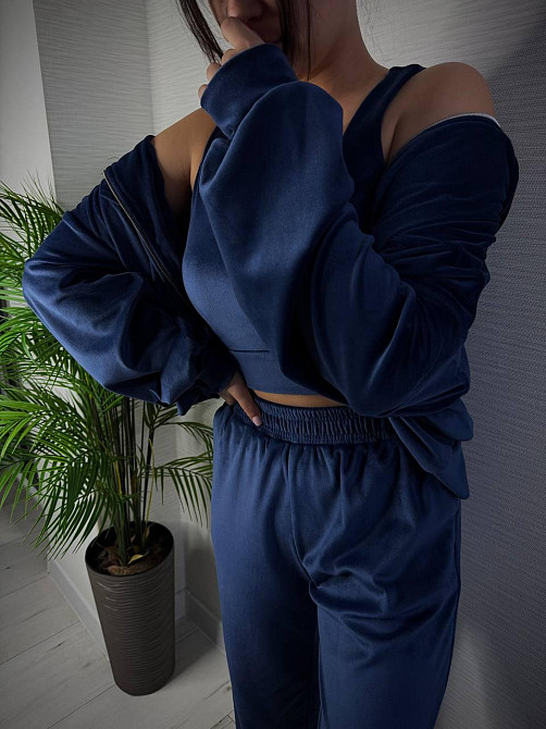Женский стильный повседневный плюшевый костюм тройка Синий, 46/48 Одесса - изображение 6