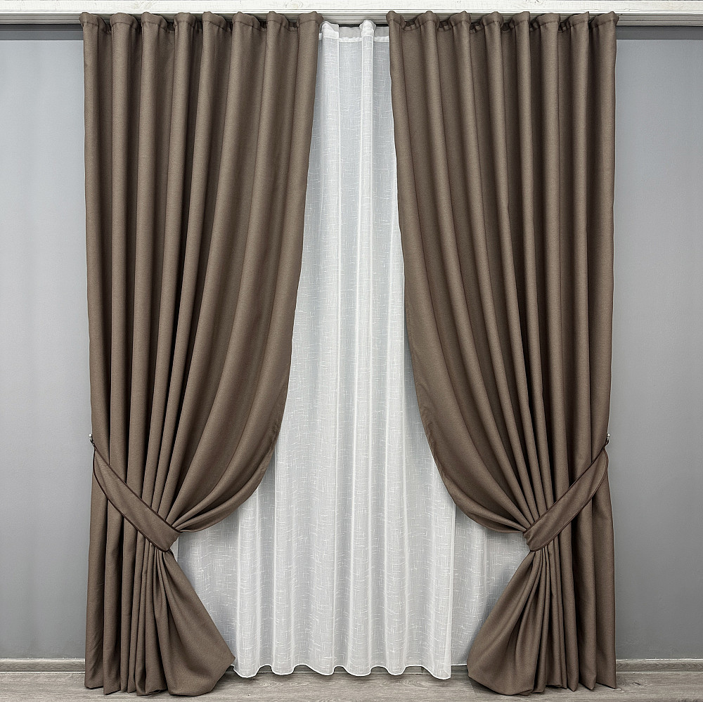 Комплект штор VR-Textil рогожка преміум TERRA LUXE 200х270 2шт і Тюль 500х270 1860ш-115т какао з білим 71-078/6 Київ - фото 1
